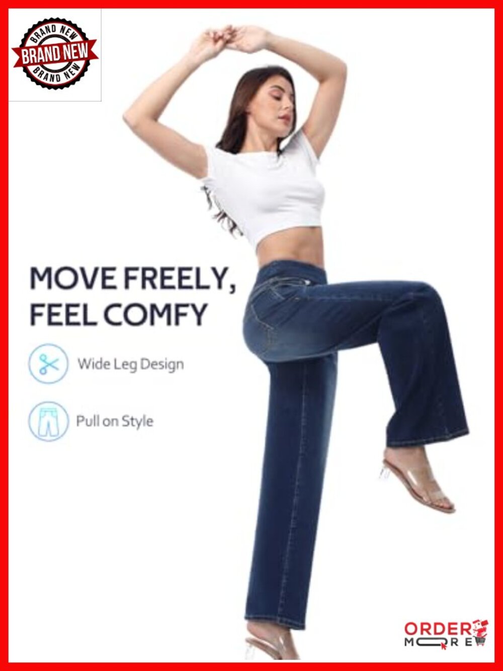 Pull On Wide Leg Jeans High Waisted Stretchy Tummy Control Denim Pants - Picture 2 of 6